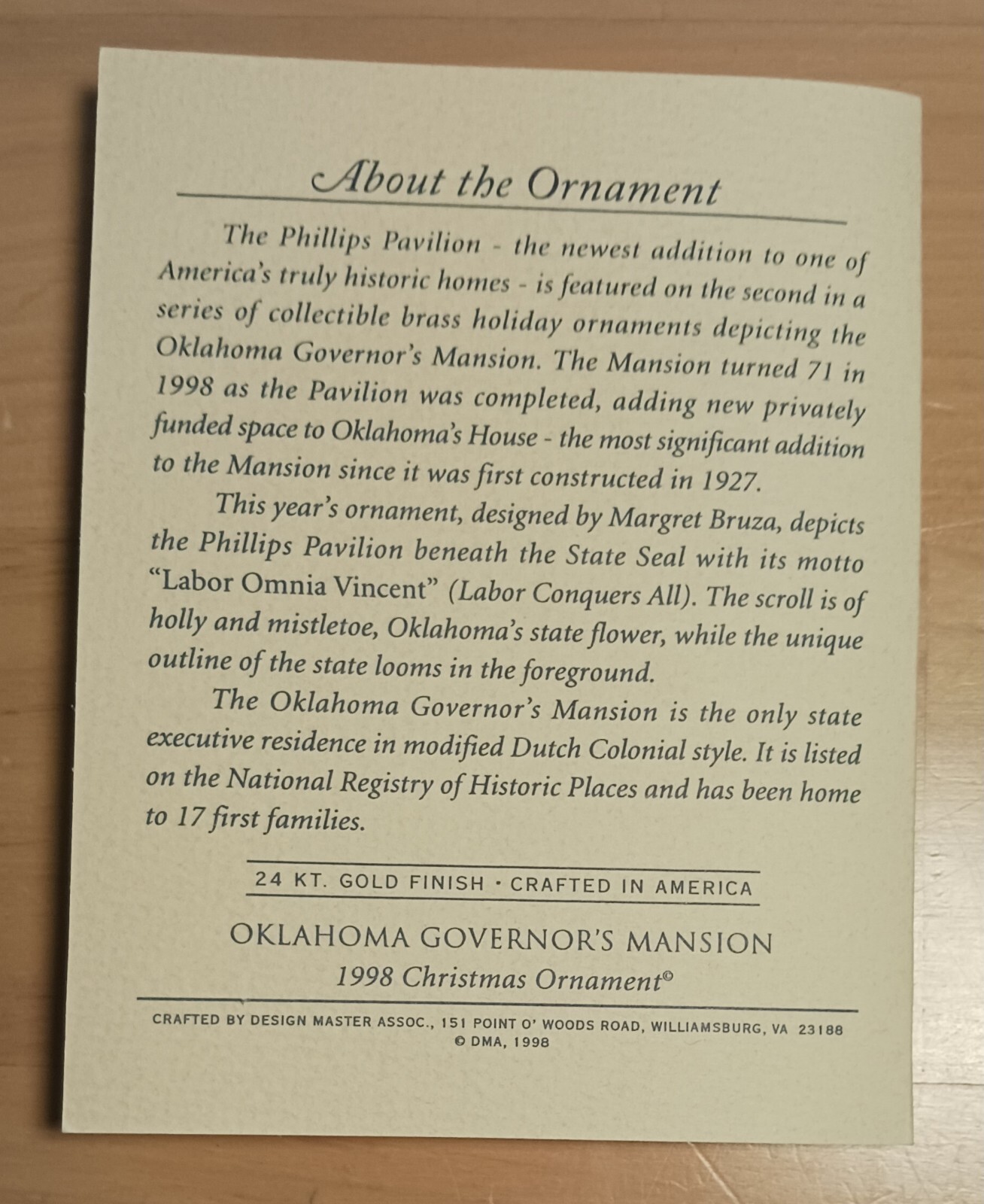 1998 Oklahoma Governor's Mansion Christmas Ornament in original box with papers eBay