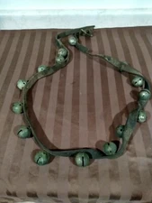 Antique Brass Sleigh Bells 60in Leather Strap 15 Bells Weathered
