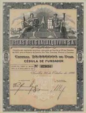 Islas del Guadalquivir 1926 S.A Sevilla Spanien Gr&uuml;nderaktie Landwirtschaft DEKO