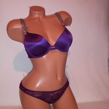Victoria Secret Bra Set 32C Push Up Small Thong Panty Purple Shine Strap Bling