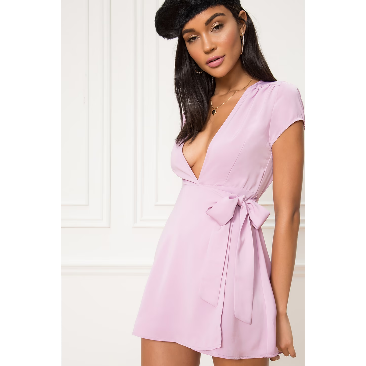 purple mini wrap dress Carole Purple Floral Wrap Neck Puff Sleeve Skater Mini Dress Get That Trend
