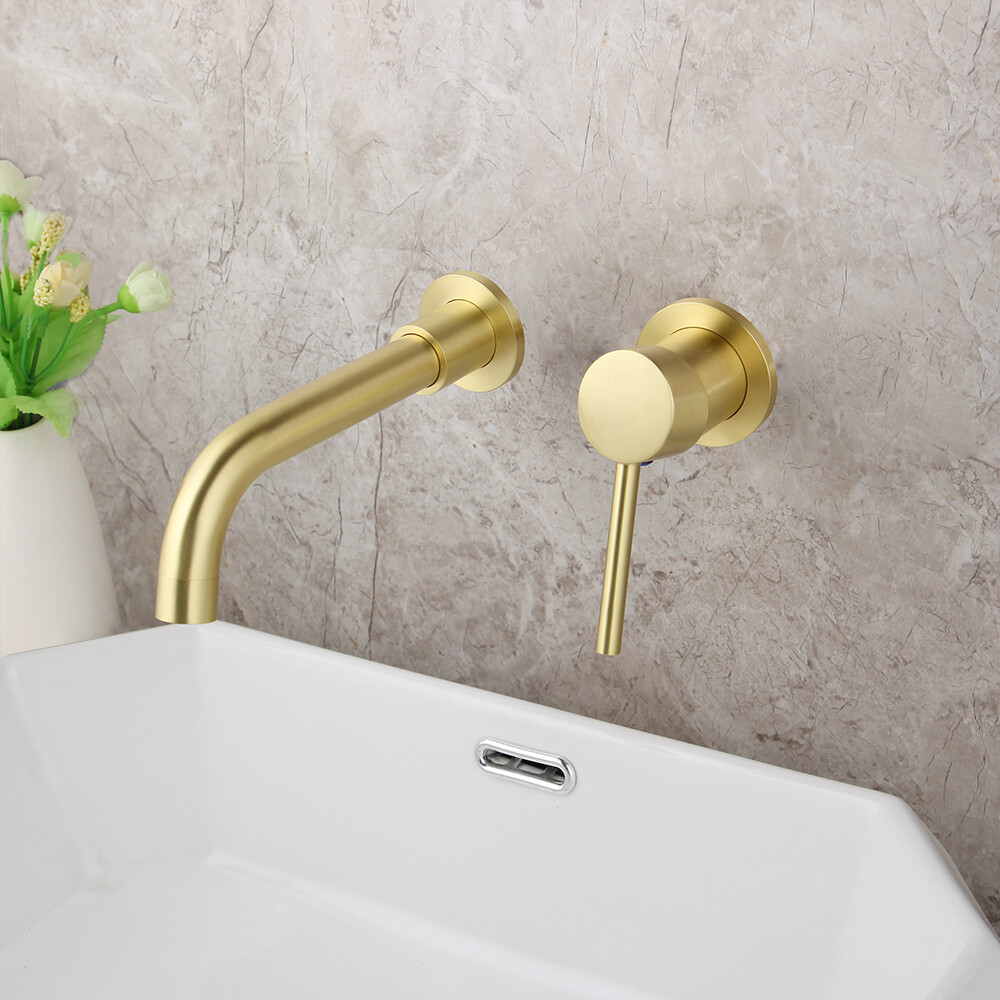 Gold Wall Mounted Sink White Marble Powder Room Sink With Gold Faucet