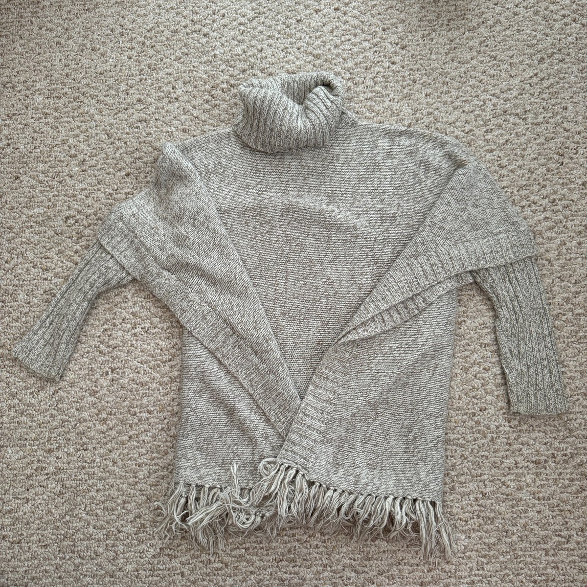 Ardene Sweater Women Small Sand Turtleneck Poncho Fringe Long Sleeve Hobo