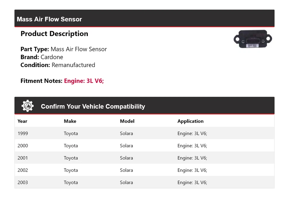 Sensor de flujo de aire másico Cardone 2000 2001 2002 para Toyota Solara 1999-2003 3L V6 Foto 2 de 4