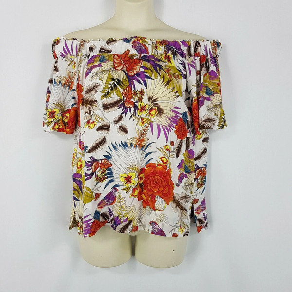Nigella Womens Size S 10 White Colourful Floral Top Off Shoulder Wide Band Flowy
