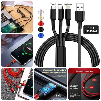 3 in 1 Schnell Ladekabel 5A Micro USB Typ C Universal für Samsung iPhone + VIDEO