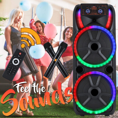 Bluetooth Speaker Dual 15'' Woofer Rechargable Party FM Karaok DJ LED AUX w/2 MIC