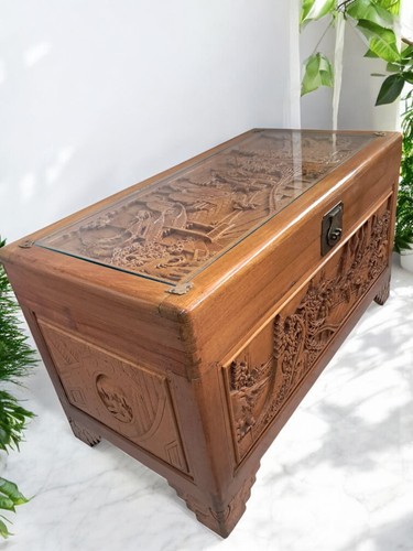 Vintage Chinese Carved Trunk Antique Camphorwood Large Chest Coffee Table 1950 - Picture 5 of 22