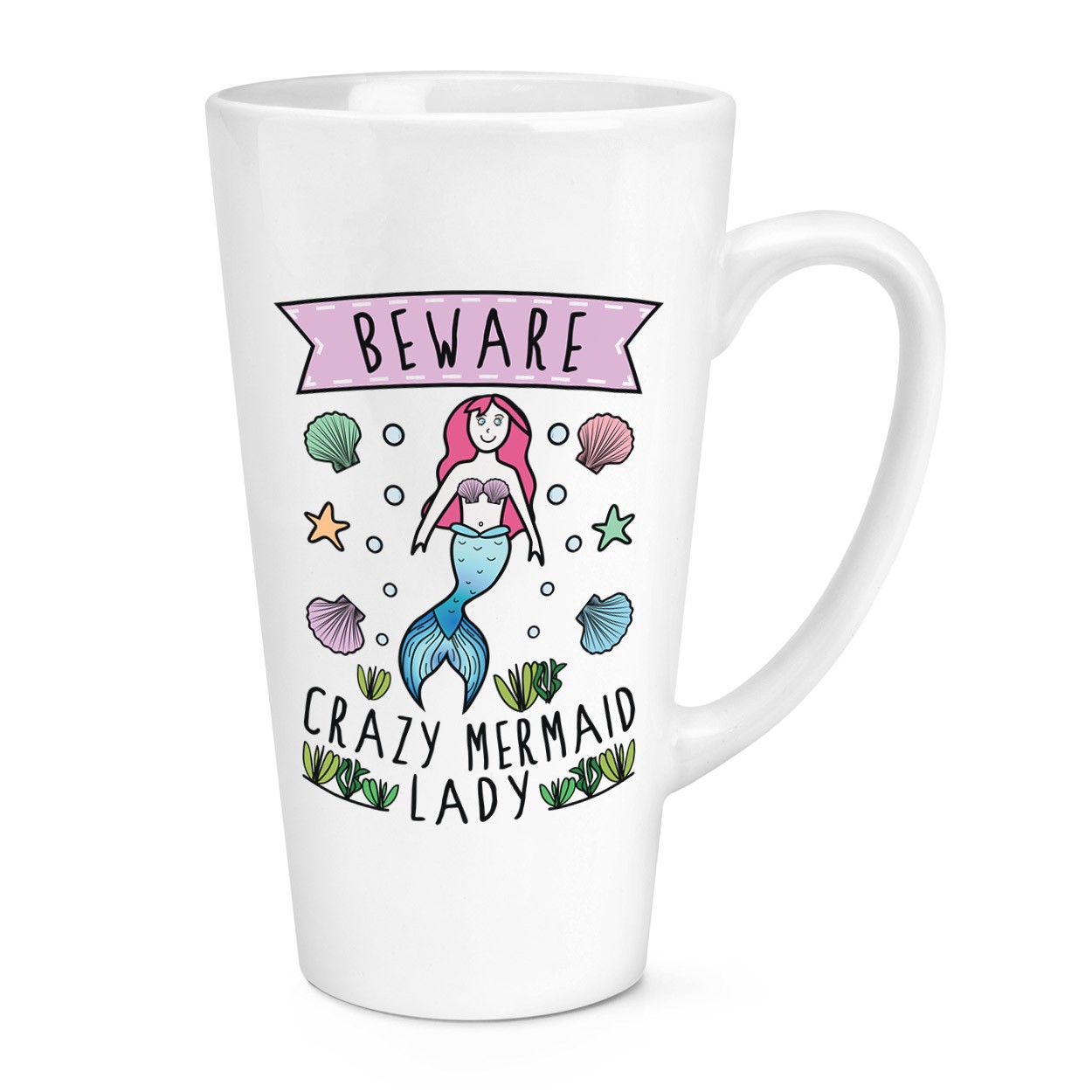 Beware Crazy Mermaid Lady 17oz Large Latte Mug Cup - Funny