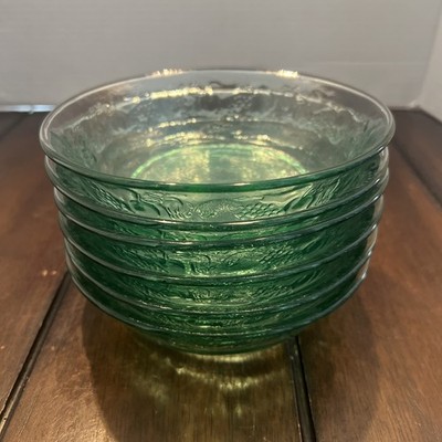 VTG 1970 s Libbey  Orchard Fruit Teal-6 Fruit Bowls Embossed Fruits Set (6)