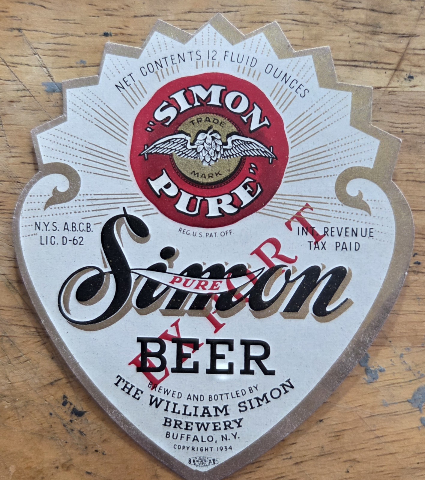 IRTP SIMON PURE BEER LABEL WILLIAM SIMON BREWING CO BUFFALO NY