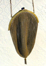 41 Purse Antique 1900s Silver Mesh Dance Blue Stones in Kiss Latch