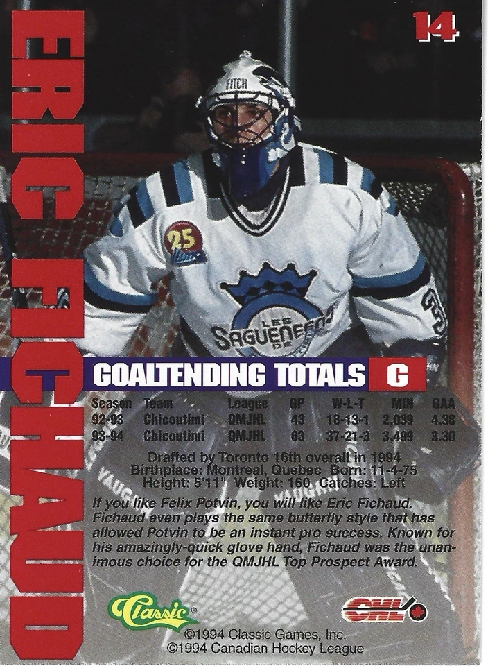 1994-95 Classic - Eric Fichaud #14 (RC) - Image 2 of 2