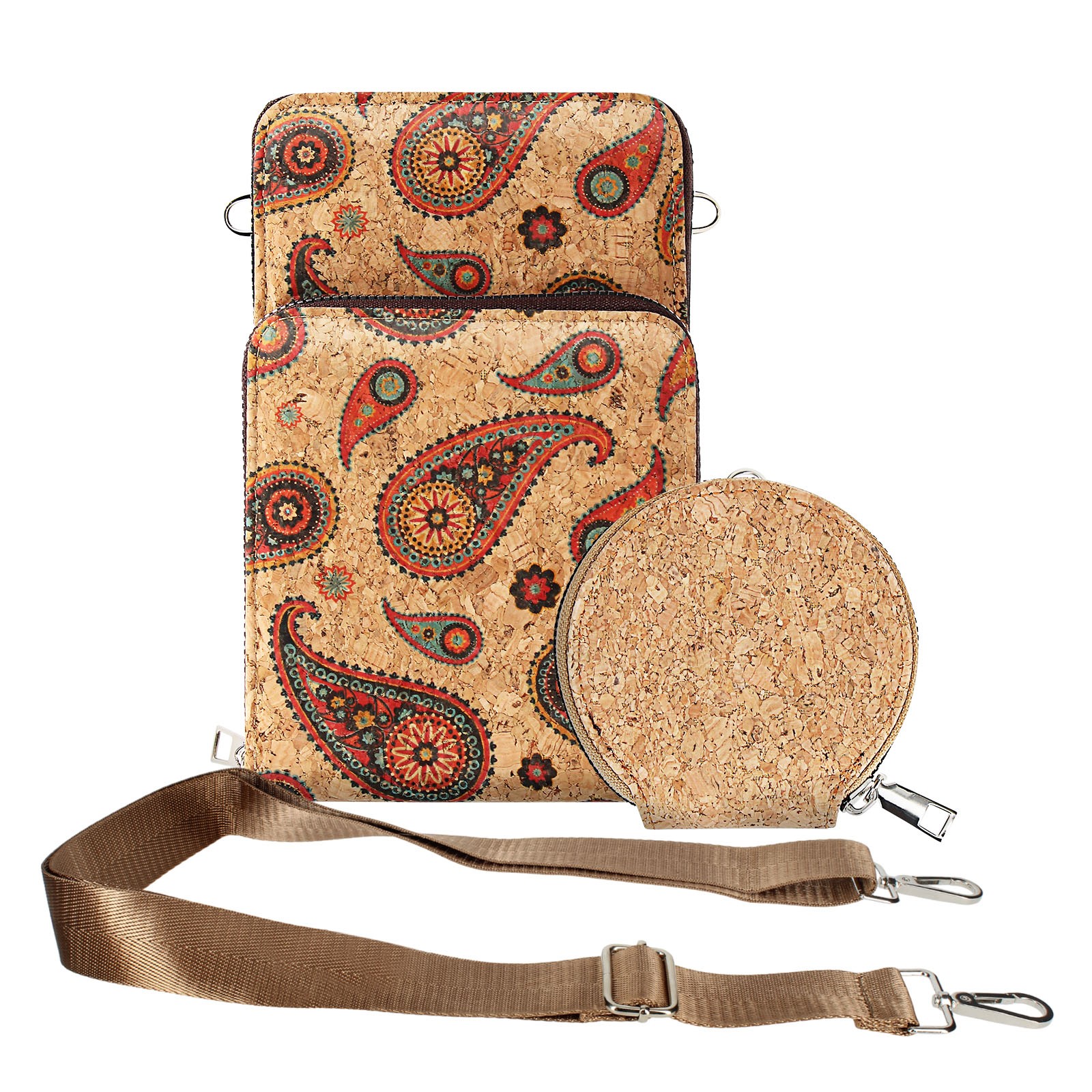 Sacoche en liège multicolore sac bandoulière triple fermeture éclair femme