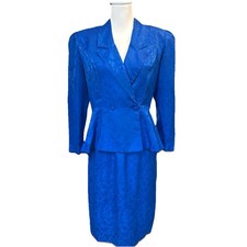 Vtg 80s Silk Long Sleeve Midi Double Breast Dress Blue Floral Print Suit Sz 8