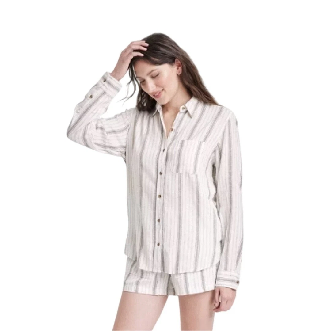 Universal Thread Women's Gray Linen Blend Striped Button Down Shirt Size M