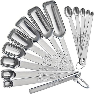 Stainless Steel Measuring Spoons Set of 14 W/ Leveler Rectangular Teaspoon