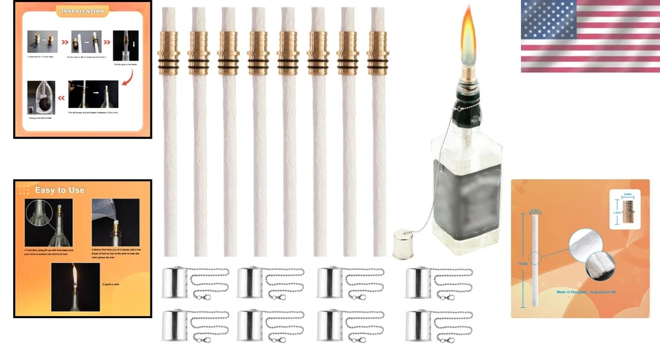 Wine Bottle Torch Kit 8 Pack Garden Outdoor Lighting Wicks Brass Holders Foto 2 de 4
