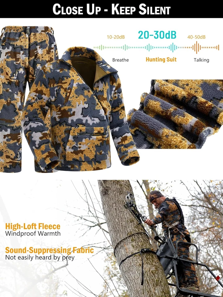 Quiet Whitetail Deer Bow Hunting Clothes for Men, Cold Weather Wind Proof Camo H - Image 3 of 4