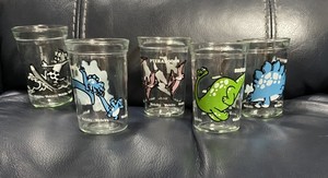 Vintage 5 Welch's Jelly Glass Dinosaurs Brontosaurus Stegosaurus Pteranodon Tom