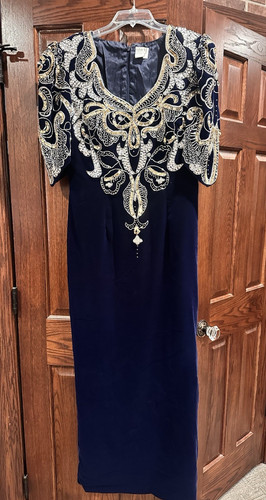 VINTAGE 1990S GLAM ERA COBALT BLUE VELVET GOLD SILVER SEQUIN BEAD GOWN WOMEN 12