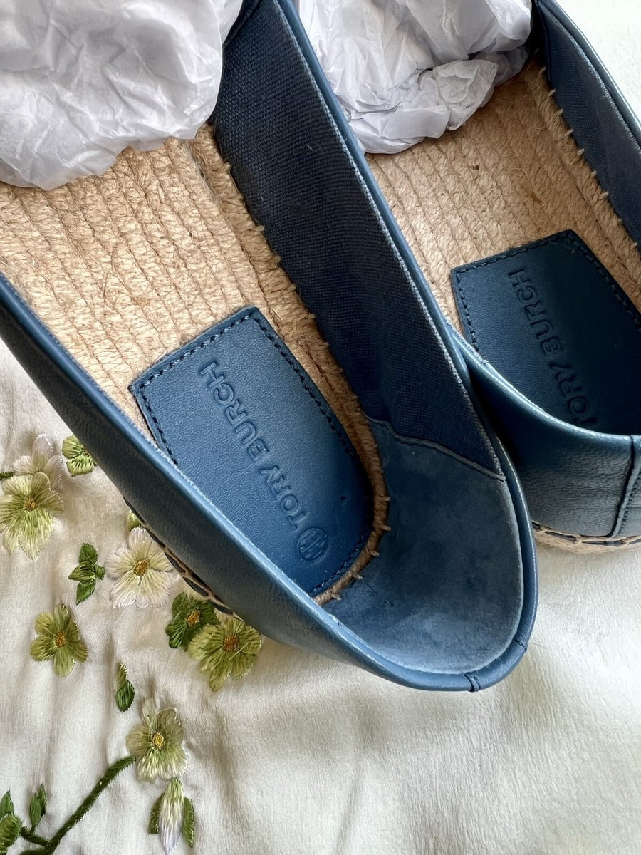 Tory Burch Ines Croc-Embossed Leather Espadrilles in Denim Blue