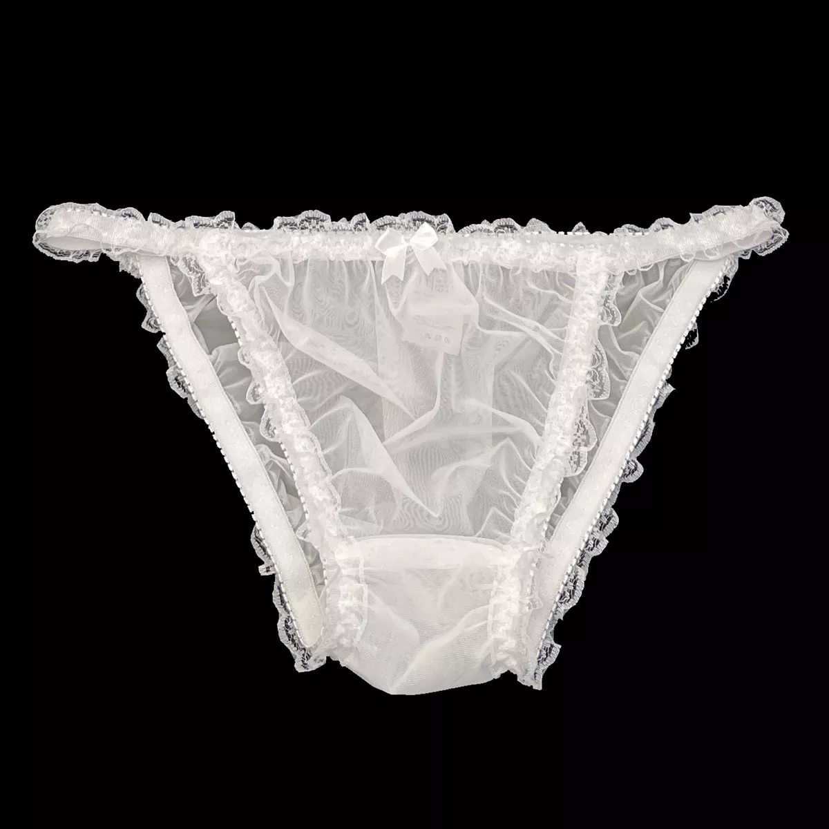 Ivory Sissy Sheer Soft Nylon Frilly Tanga Bikini Panties Knickers