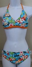 O'RAGEOUS floral w palms on blue w orange trim swim bikini top bottom,8,10,16