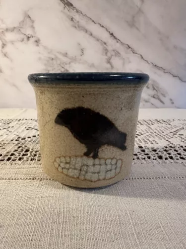 Vintage Monroe Salt Works Pottery Black Crow On Corn Crock Planter