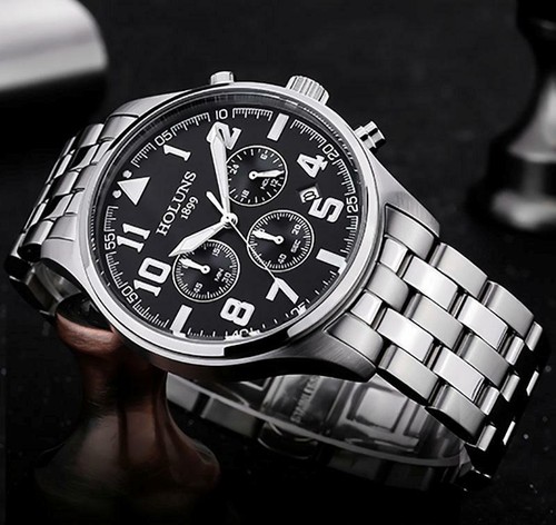 Mens Stainless Steel Watch Quartz Black Sub Dial Date Luxury Silver - 第 2/3 張圖片