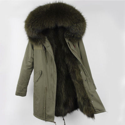 Winter Women's Real Raccoon Fur Coats Collar Long Hooded Parka Overcoat Jackets
