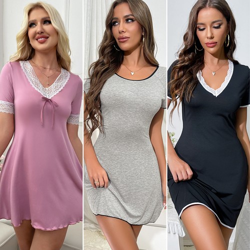 Women Silk Slip Dress Short Pajamas Nightgown Sleepwear Sexy V-Neck Nightdress - Picture 2 of 27