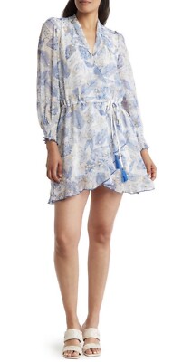 BTFL-Life Metallic Blue Tropic Leaf Print Long Sleeve Chiffon Dress Women Size L
