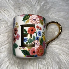 Rifle Paper Co. Anthropologie Mug, monogram initial E, floral, great condition