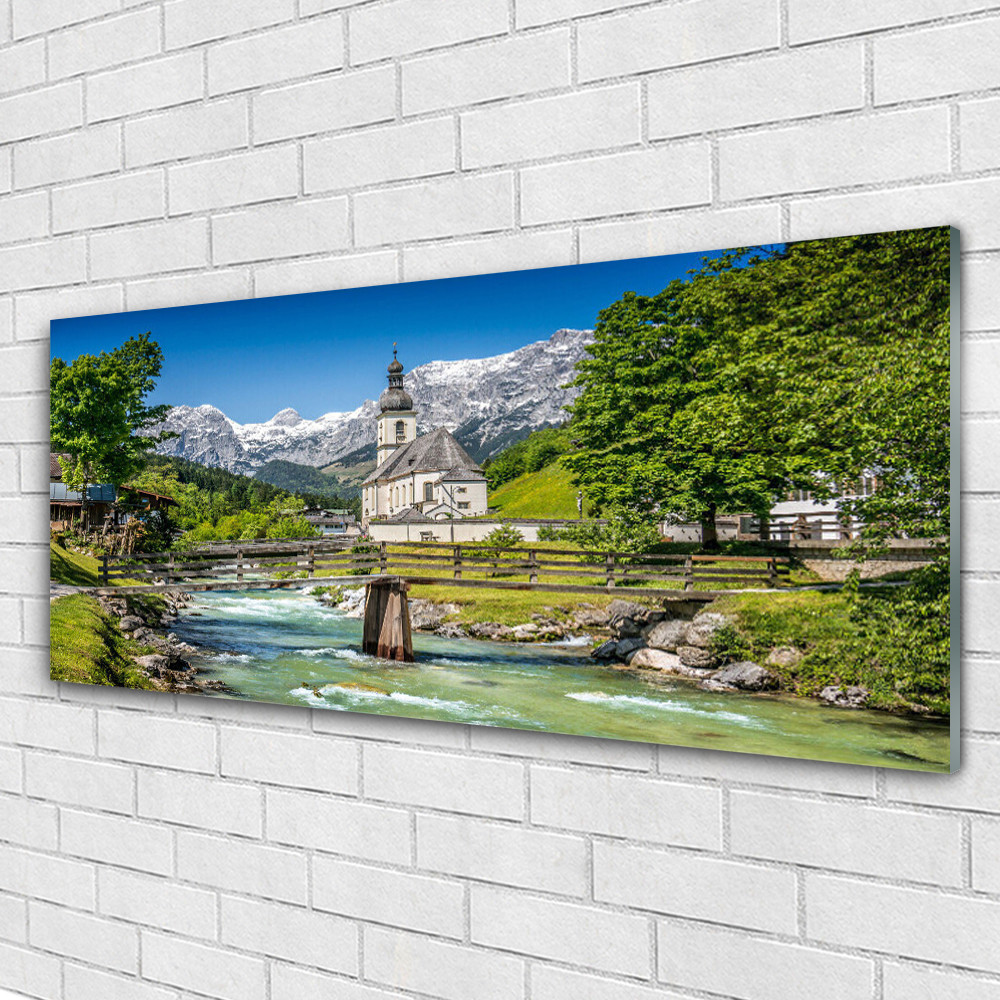Grand tableau en verre 125x50 cm Tulup église et lac pour agrandir une pièce