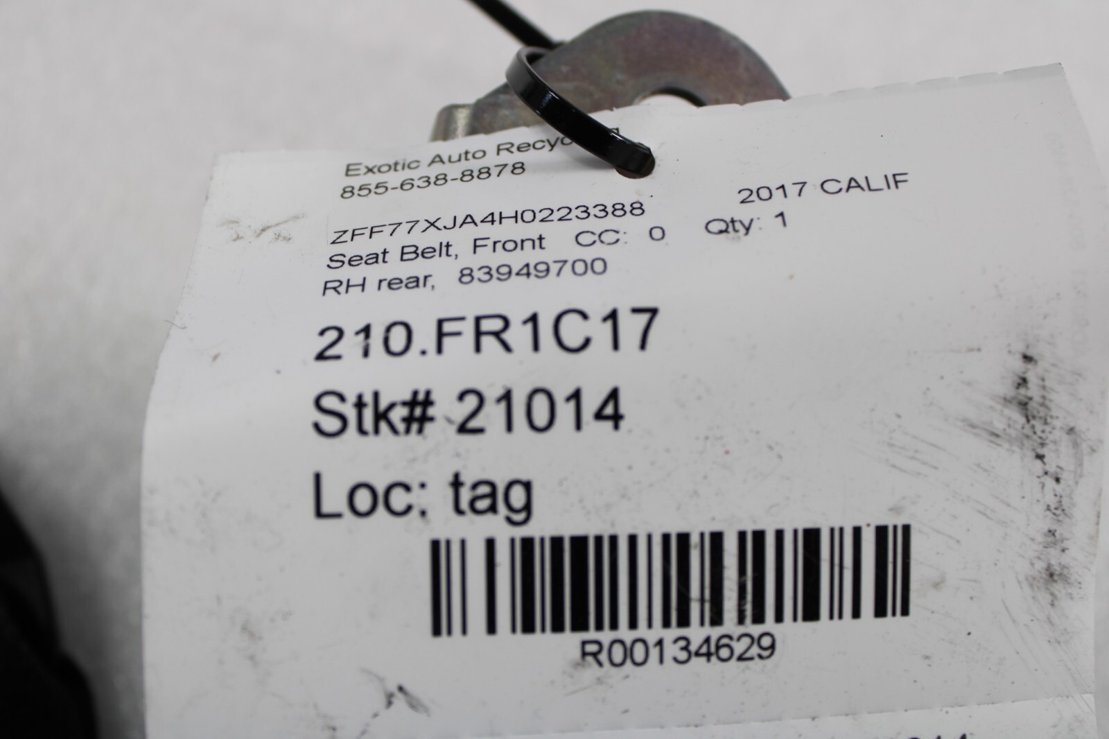 Ferrari California, RH, Right, Rear Seat Belt, Used, P/N 83949700