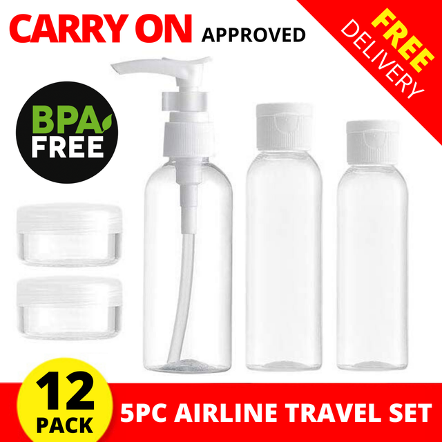 12 x REFILLABLE 5pc TRAVEL BOTTLE SET Sanitiser Toiletry Bottles with