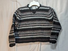 Vintage Field Gear FG 100% Lambs Wool Striped Vneck Pullover Sweater Medium