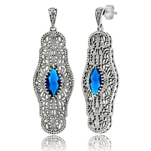 Natural 2CT Sapphire 925 Solid Sterling Silver Victorian Style Earrings FE3 - 第 1/2 張圖片