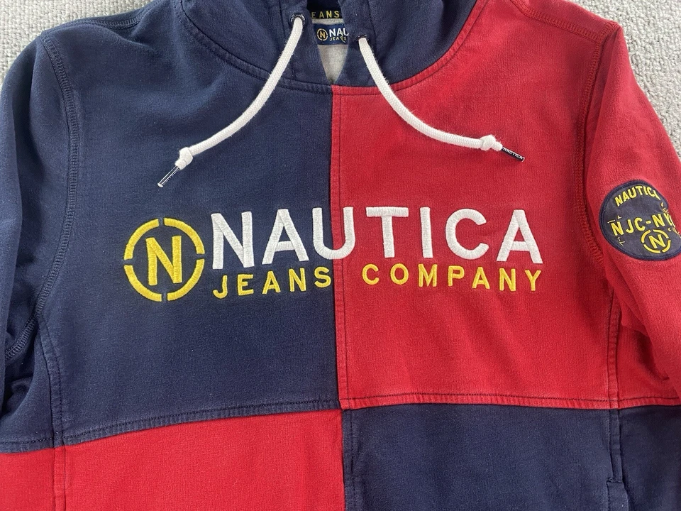 Sudadera con Capucha Nautica Para Hombres Pequeña Roja Azul Deletreada Logotipo de Diseñador Bloques de Color NY NJ Foto 2 de 4