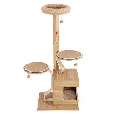 51'' Tall Cat Tower Wooden Cat Tree w/Cat Condo Plush Top Perch Jumping Platforms