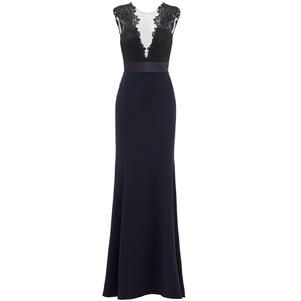 THEIA Dramatic Lace Neck Formal Evening Gown Deep Midnight in