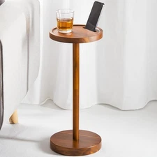 Drink Table, 24.4" Tall Compact Side Table with Phone Slot and Acacia 