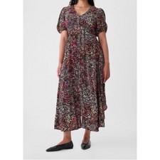 GAP Women's Multi Floral V-Neck Puff Sleeve Rayon Midi Dress Sz L Petite