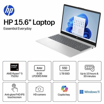 NEW HP 15.6'' Touchscreen Laptop AMD Ryzen 5 8GB RAM 512GB SSD Windows 11 Silver