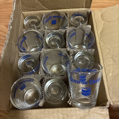 Vintage Chevron Chaser Shot Glasses Set of 12 w/ Original Box Blue Chevron Logo