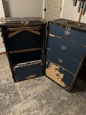 Antique 1920s Wheary Wardrobe Cushioned Top Steamer Trunk W/ Suitcase Vintage