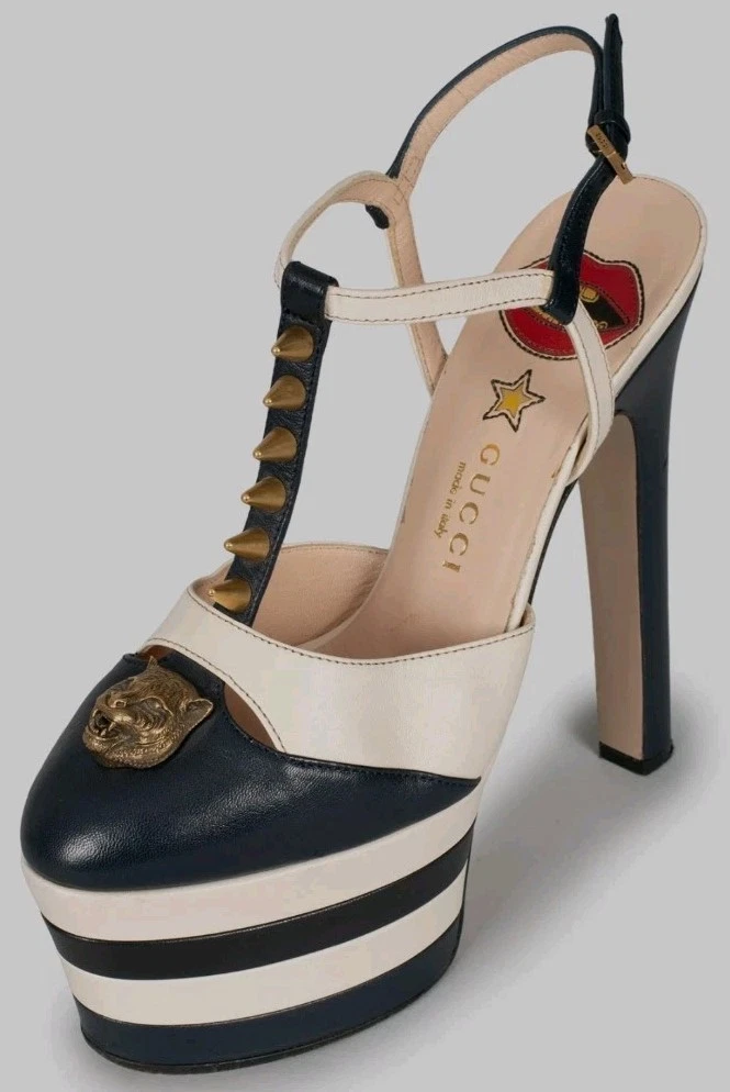 Sandales Gucci bleu marine et blanc en cuir clouté plateforme bride cheville 36 EU