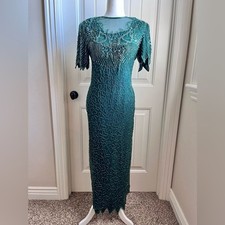 Scala Emerald Beaded Sequin Silk Formal Evening Gown Sz. Large