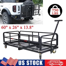 60" Folding Trailer Hitch Mount Cargo Carrier Basket Rear Luggage Rack w/ Wheels